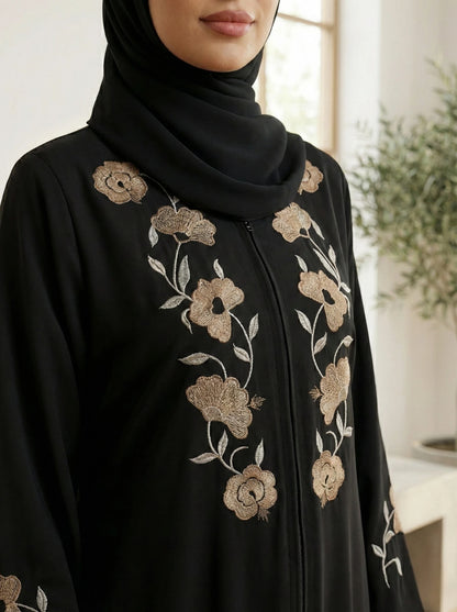 Black Nida Abaya with Golden Floral Embroidery