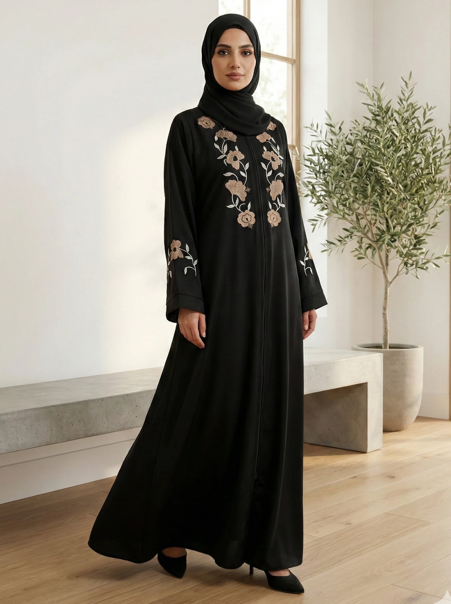 Black Nida Abaya with Golden Floral Embroidery