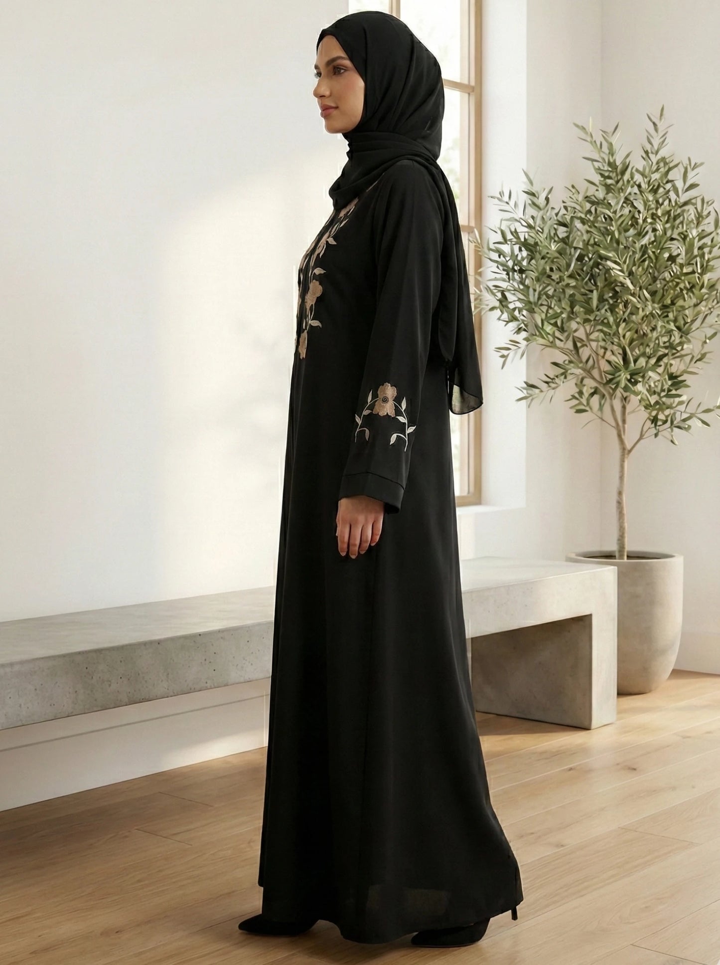 Black Nida Abaya with Golden Floral Embroidery