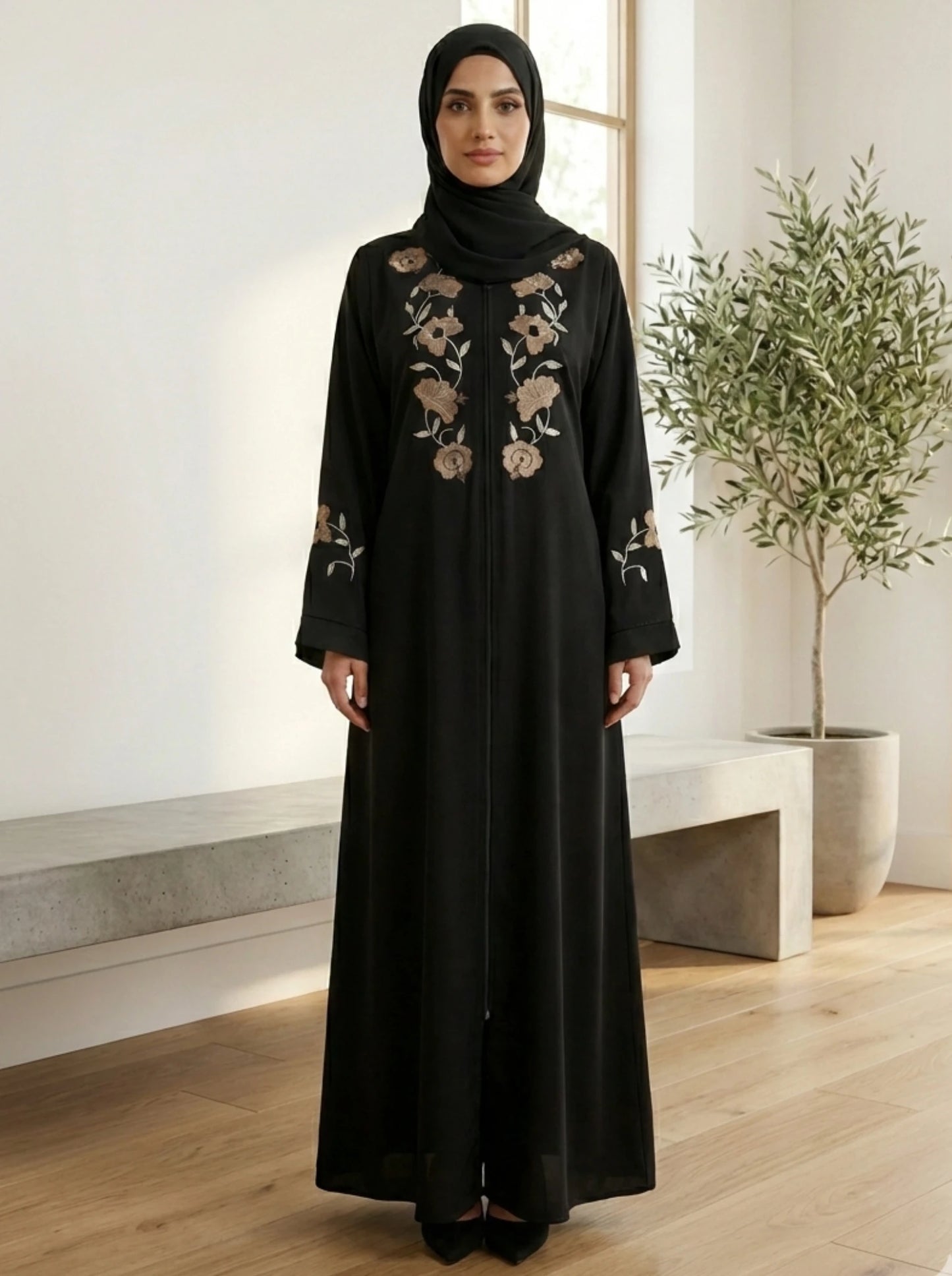 Black Nida Abaya with Golden Floral Embroidery