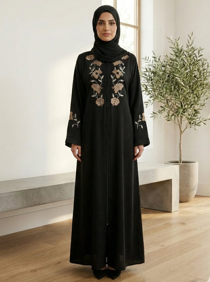 Black Nida Abaya with Golden Floral Embroidery