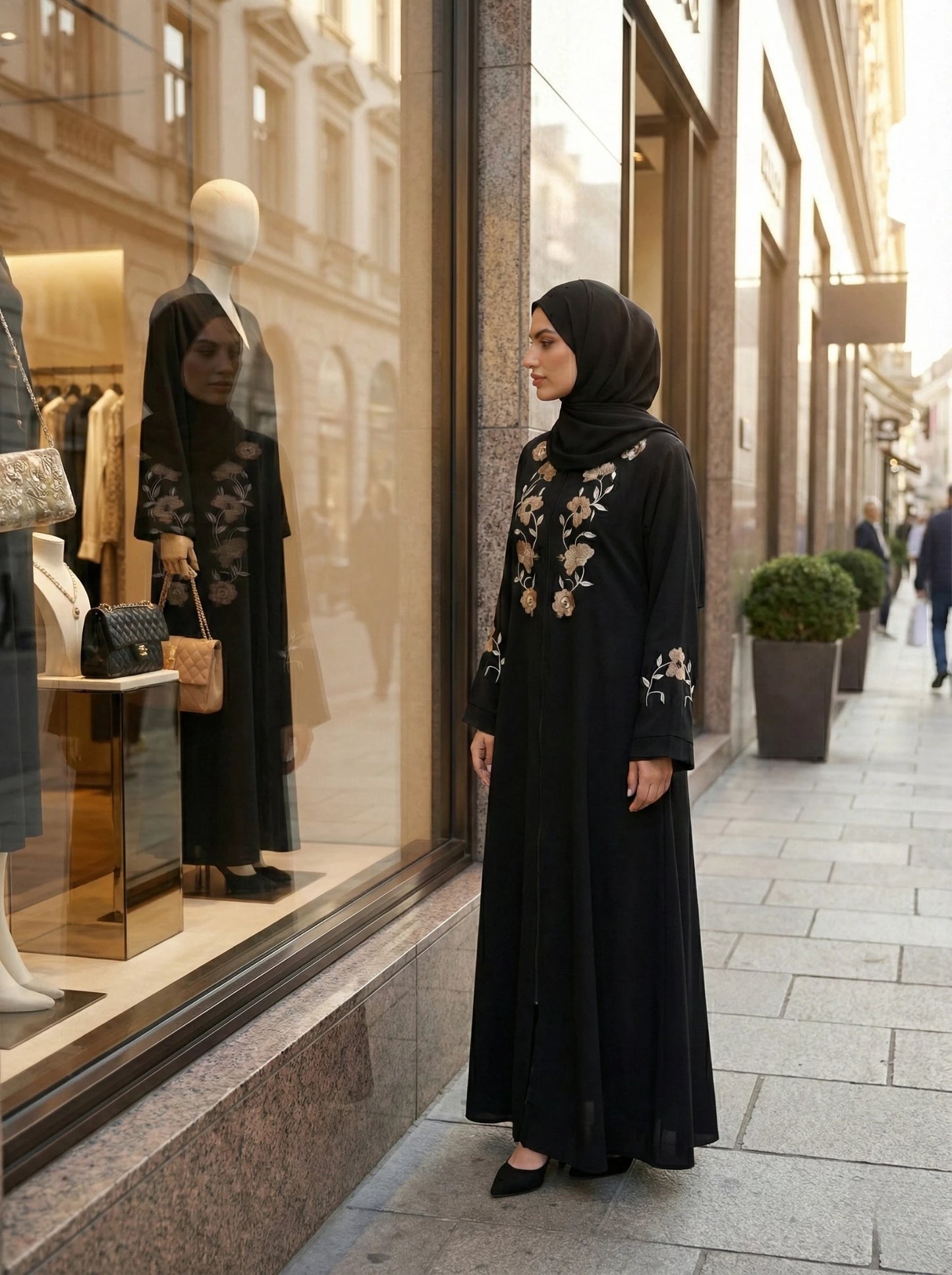 Black Nida Abaya with Golden Floral Embroidery