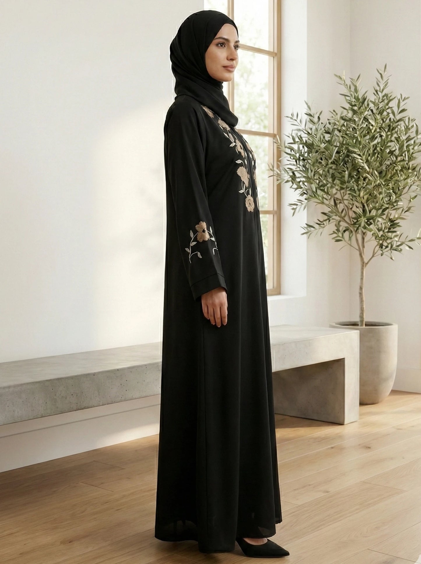Black Nida Abaya with Golden Floral Embroidery