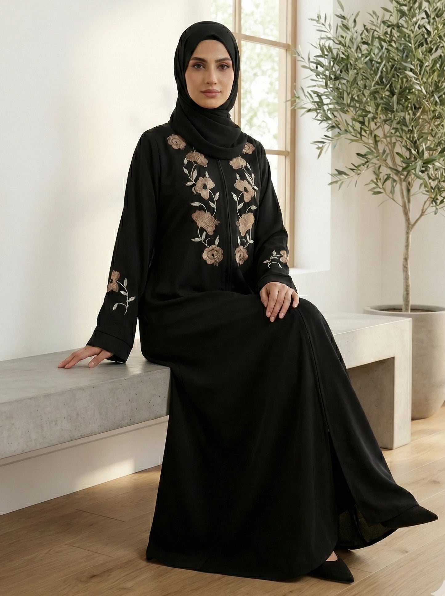 Black Nida Abaya with Golden Floral Embroidery
