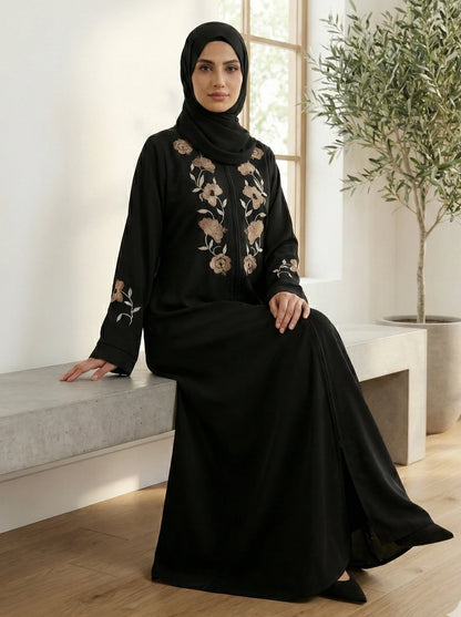 Black Nida Abaya with Golden Floral Embroidery