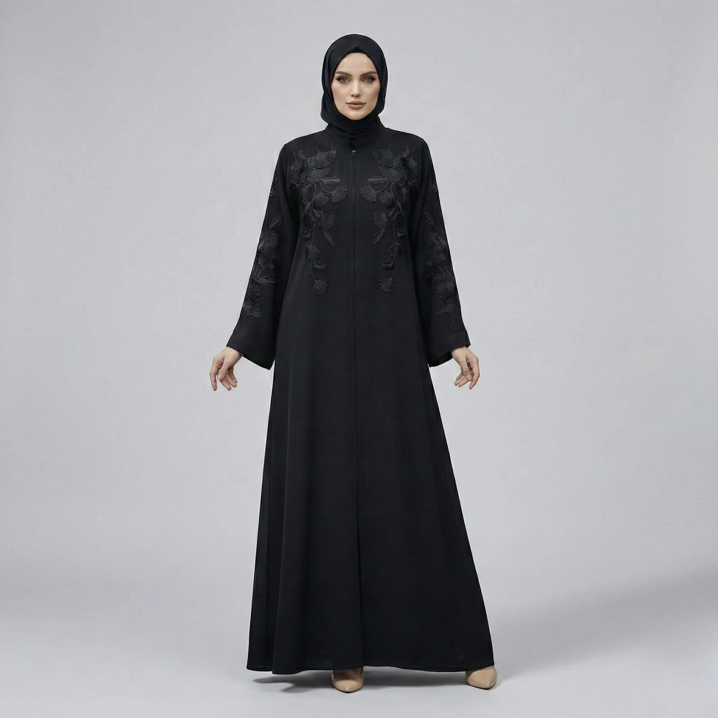 Black Nida Abaya with Black Embroidery
