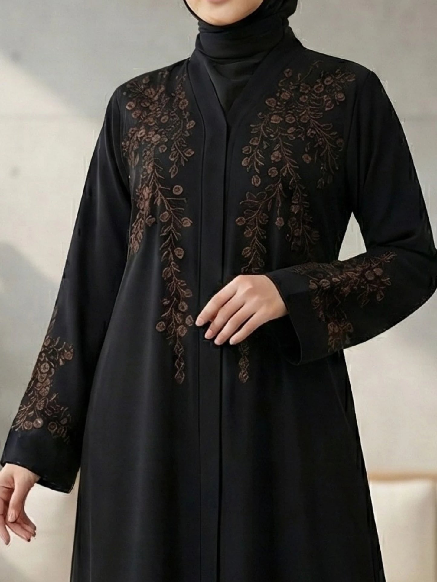 Imported Nida Balck Abaya with maroon embroidery