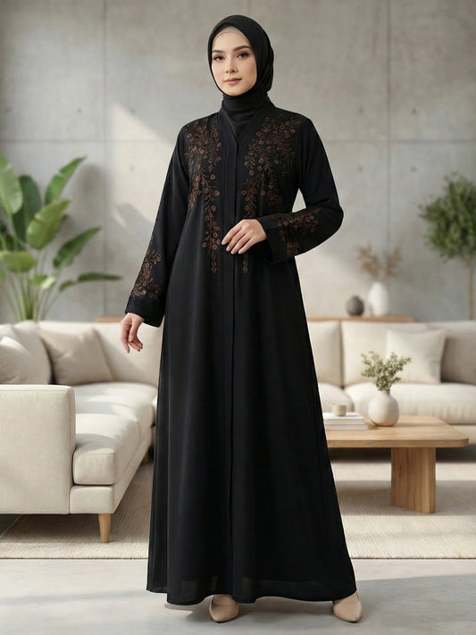 Imported Nida Balck Abaya with maroon embroidery