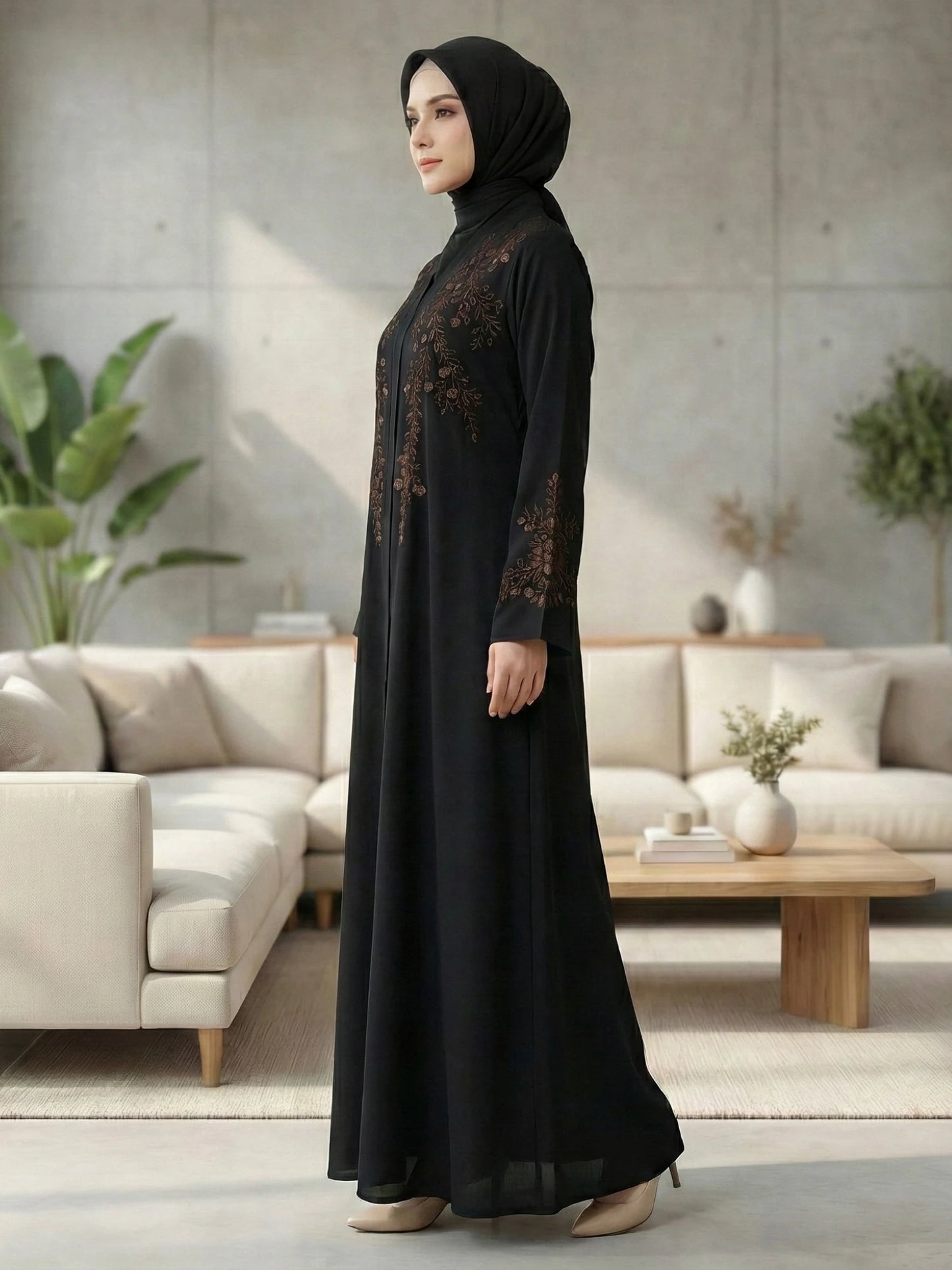 Imported Nida Balck Abaya with maroon embroidery