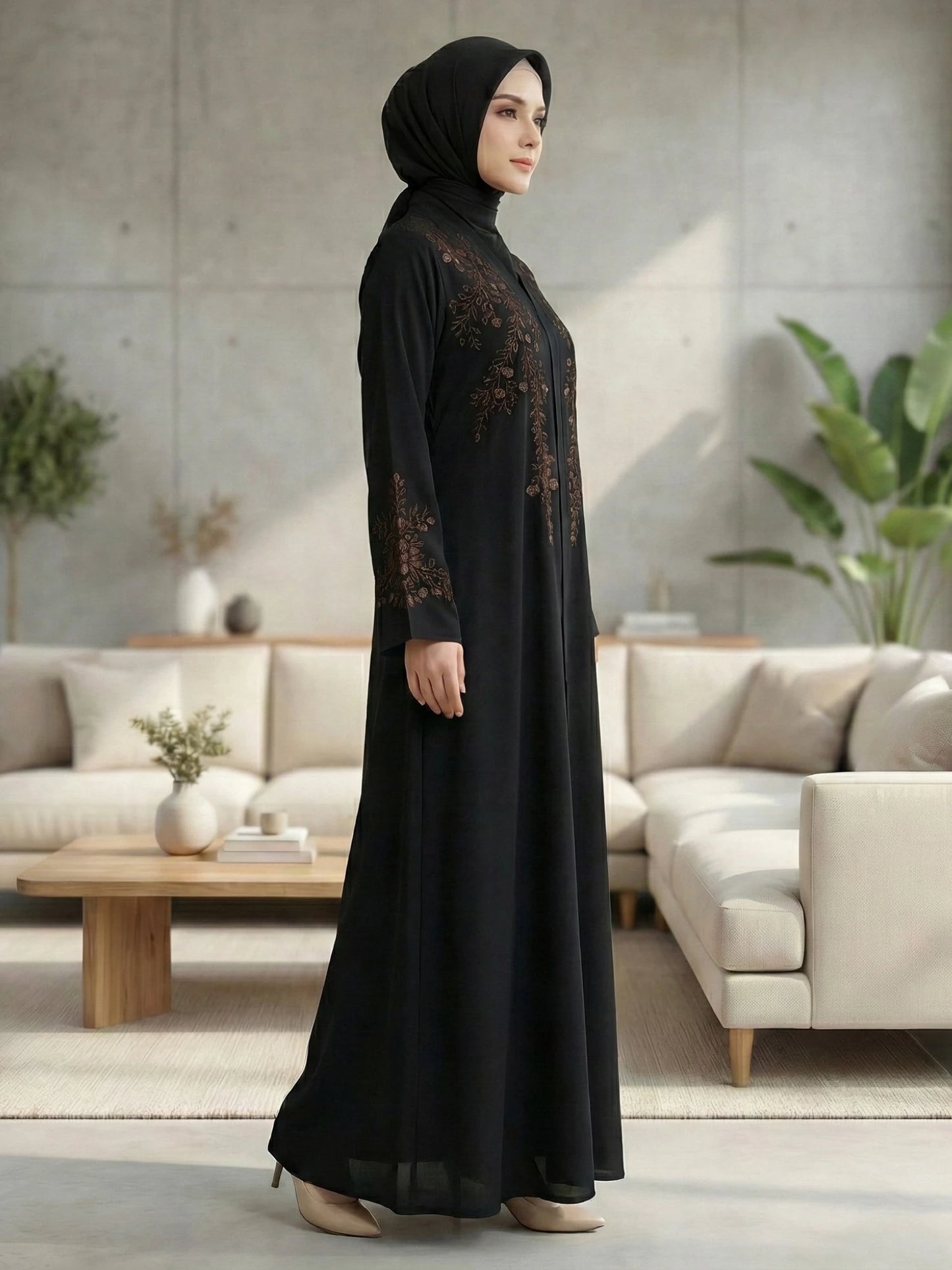 Imported Nida Balck Abaya with maroon embroidery
