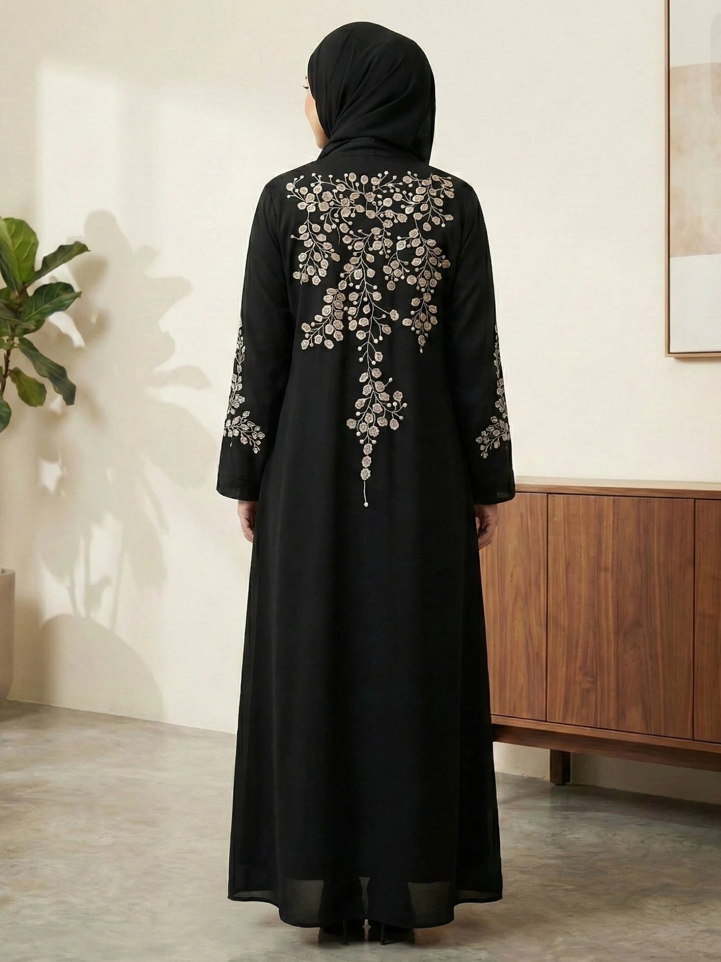 Imported Nida Black Abaya with white embroidery