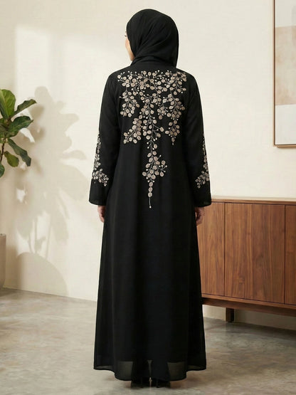Imported Nida Black Abaya with white embroidery
