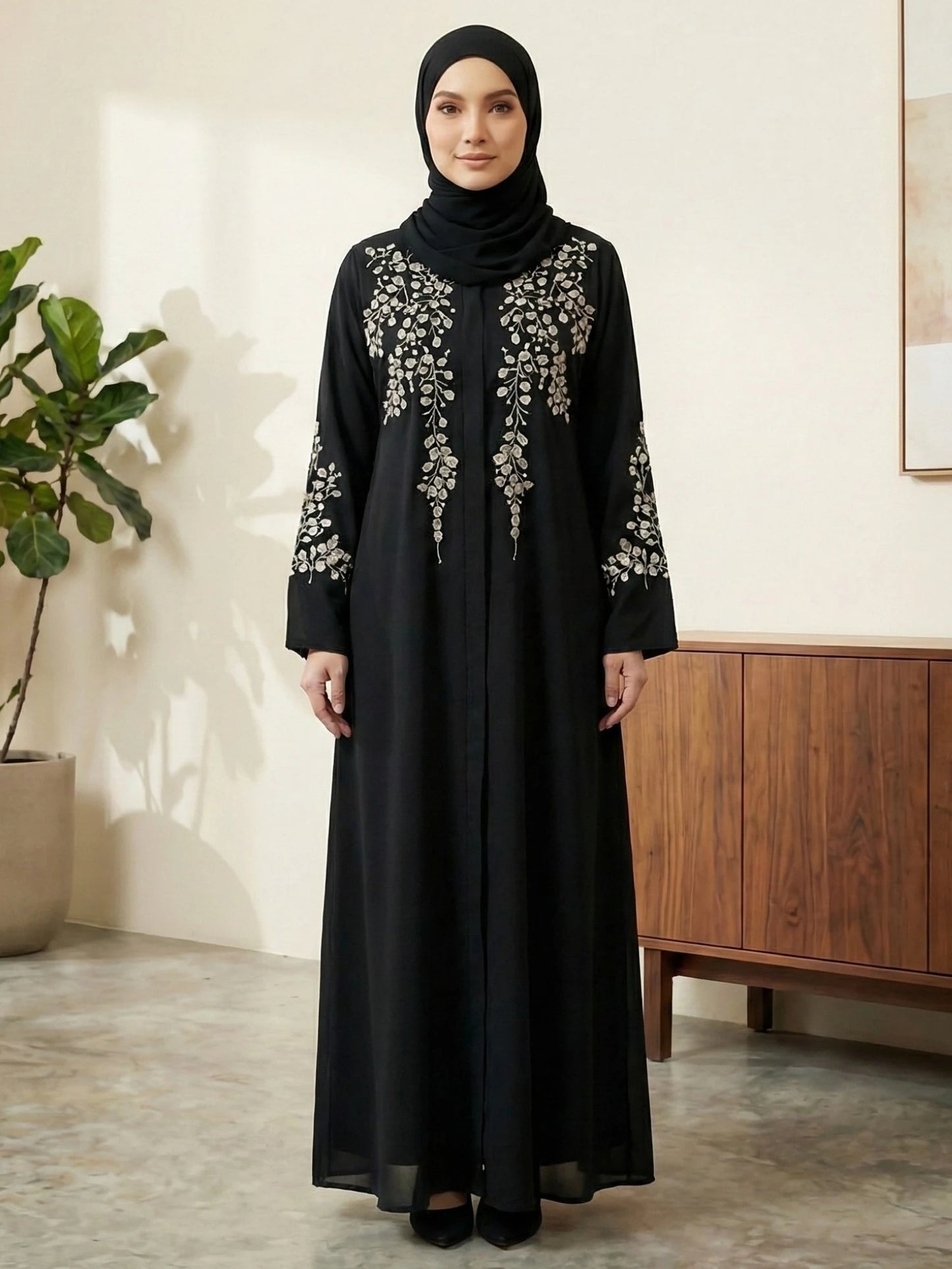 Imported Nida Black Abaya with white embroidery