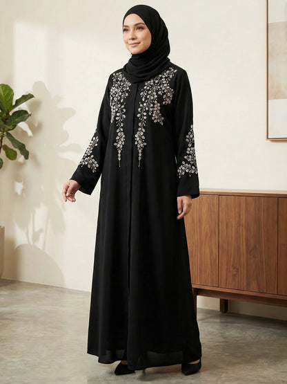Imported Nida Black Abaya with white embroidery