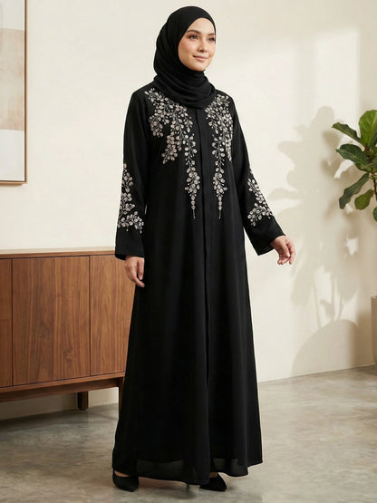 Imported Nida Black Abaya with white embroidery