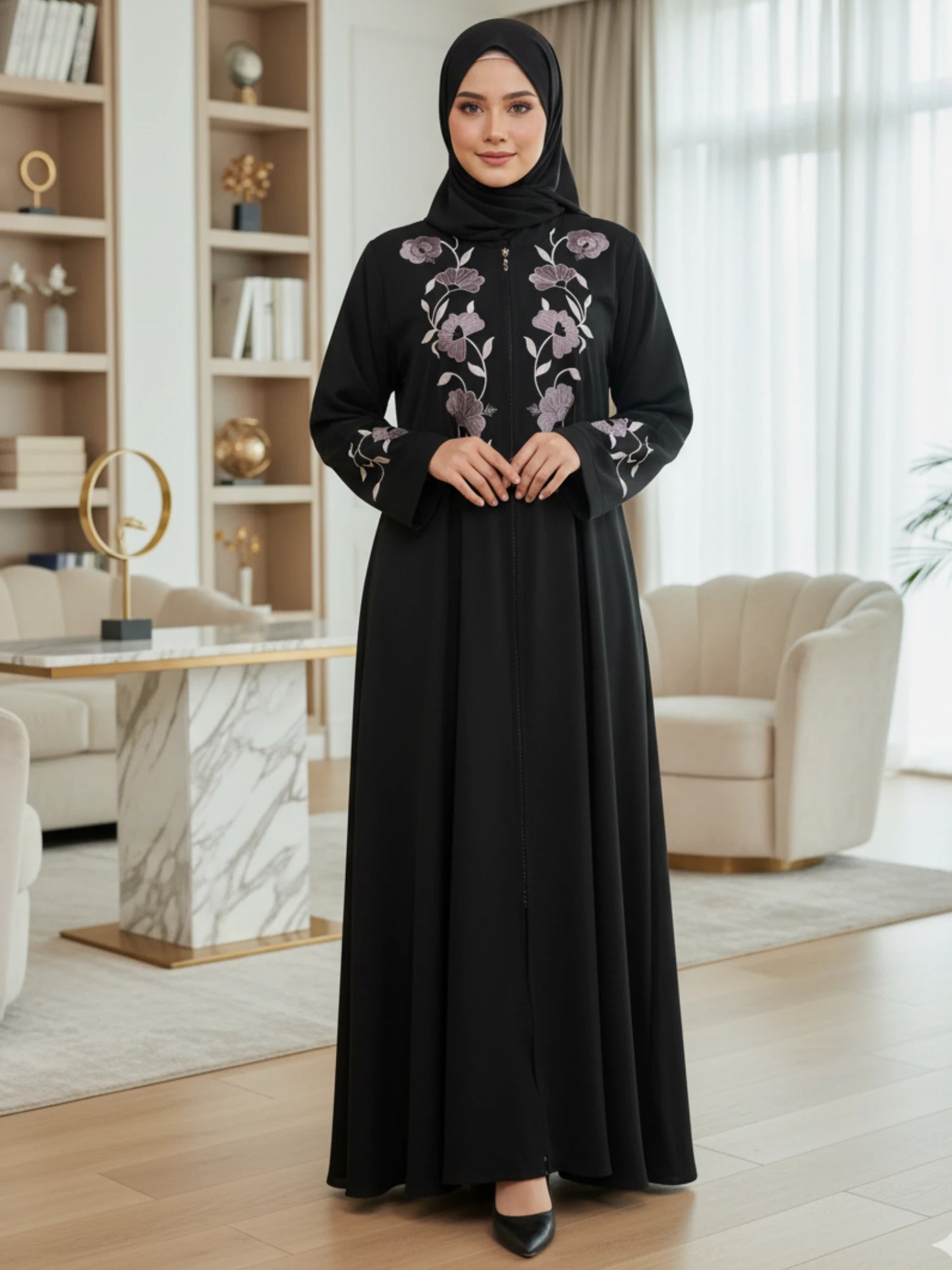 Black Nida Abaya with Floral Embroidery