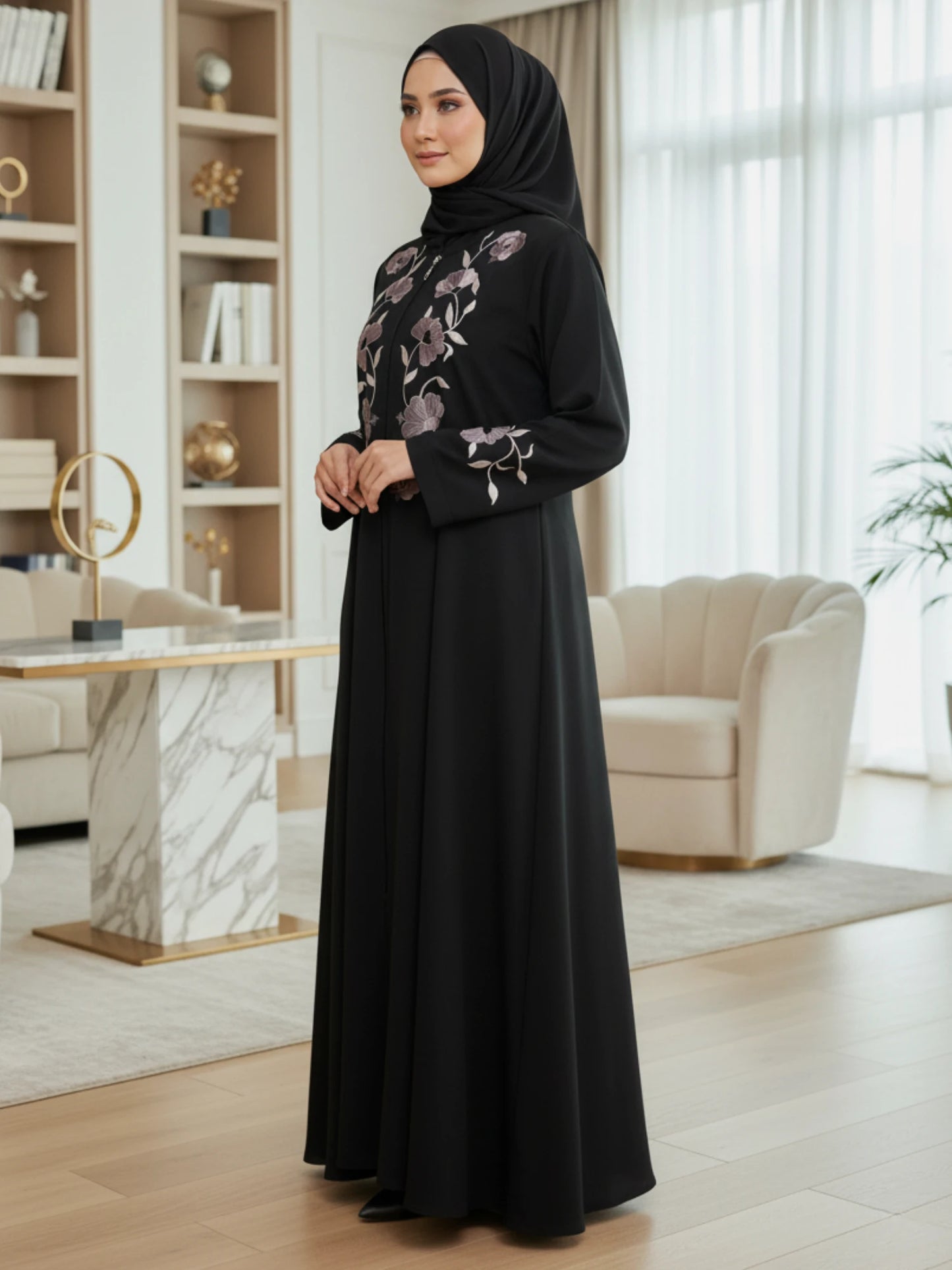 Black Nida Abaya with Floral Embroidery