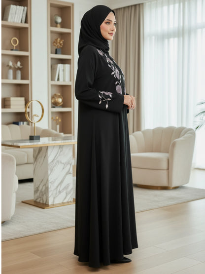 Black Nida Abaya with Floral Embroidery