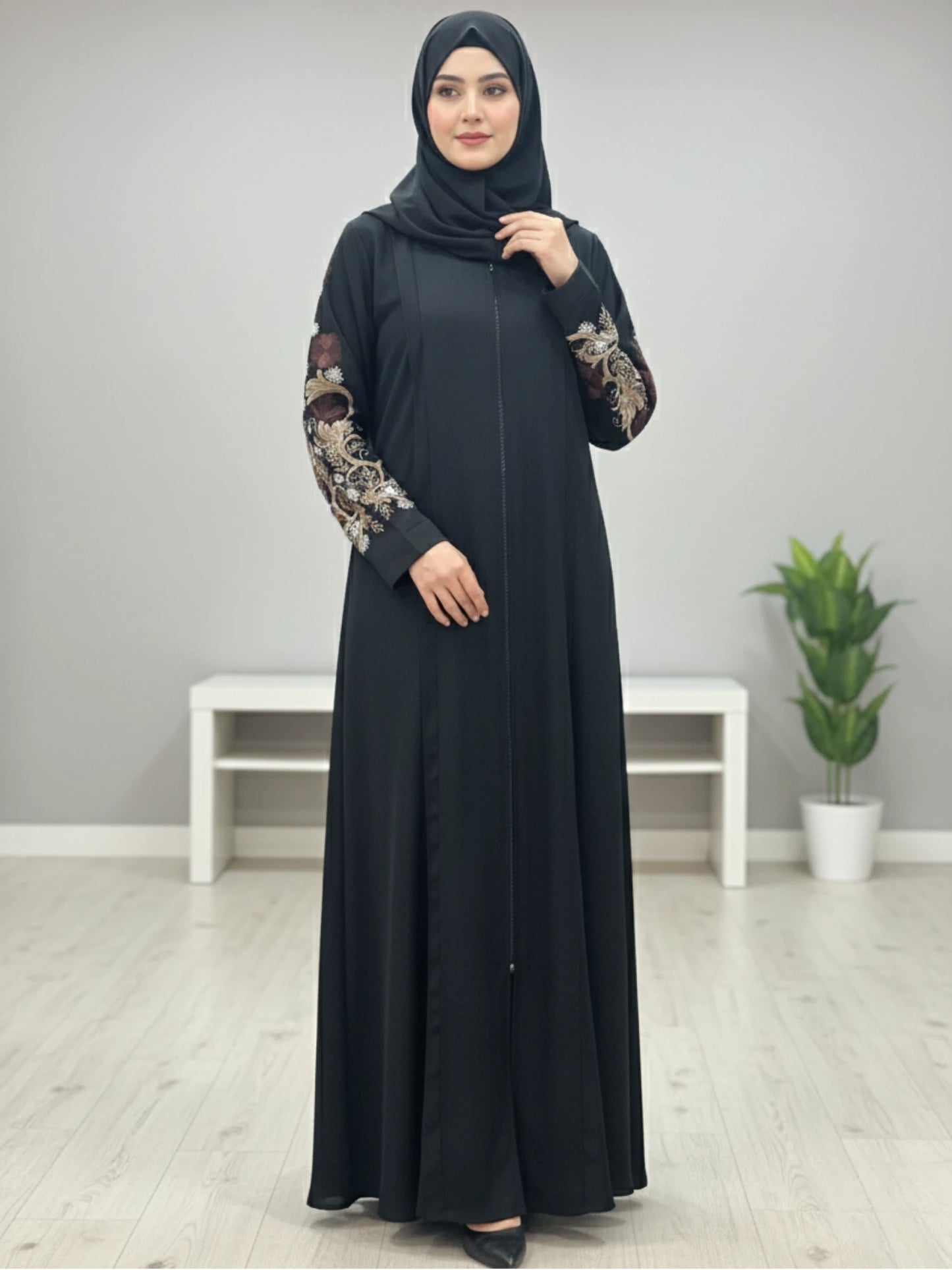 Black Nida Abaya Elegent Embroidery on Sleeves
