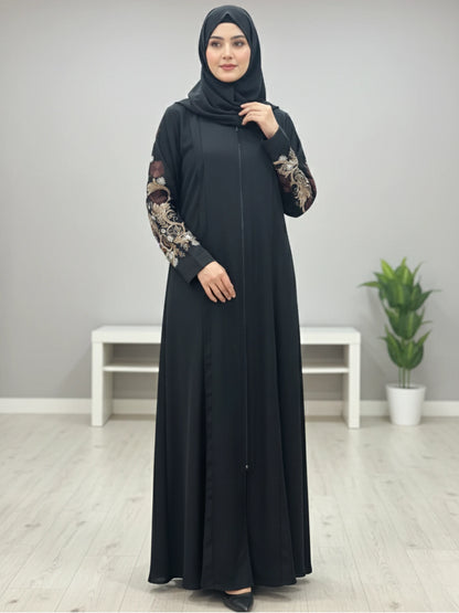 Black Nida Abaya Elegent Embroidery on Sleeves