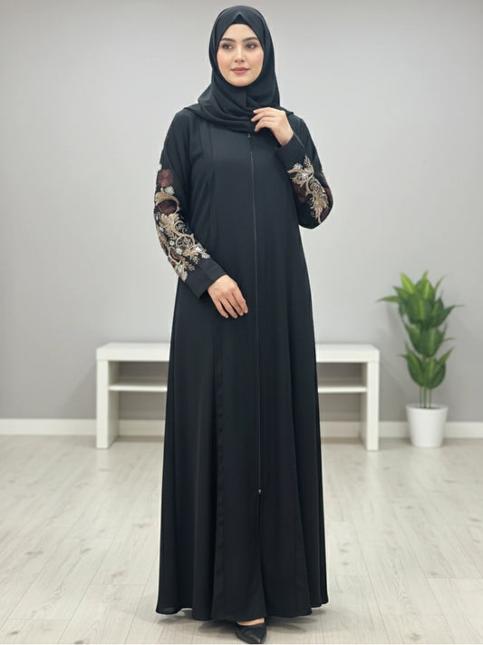 Black Nida Abaya Elegent Embroidery on Sleeves