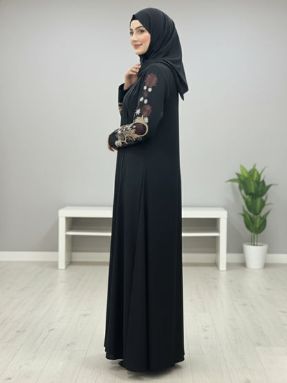 Black Nida Abaya Elegent Embroidery on Sleeves