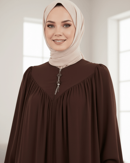 Chocolate Brown Abaya – Pleated Neck Design with Smoked Sleeves & Dual Pockets