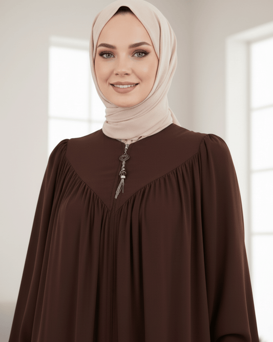 Chocolate Brown Abaya – Pleated Neck Design with Smoked Sleeves & Dual Pockets