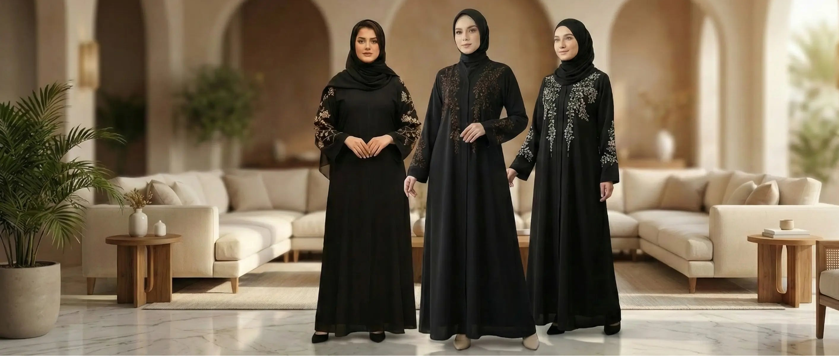 Three women in black abayas standing in a stylish living room.