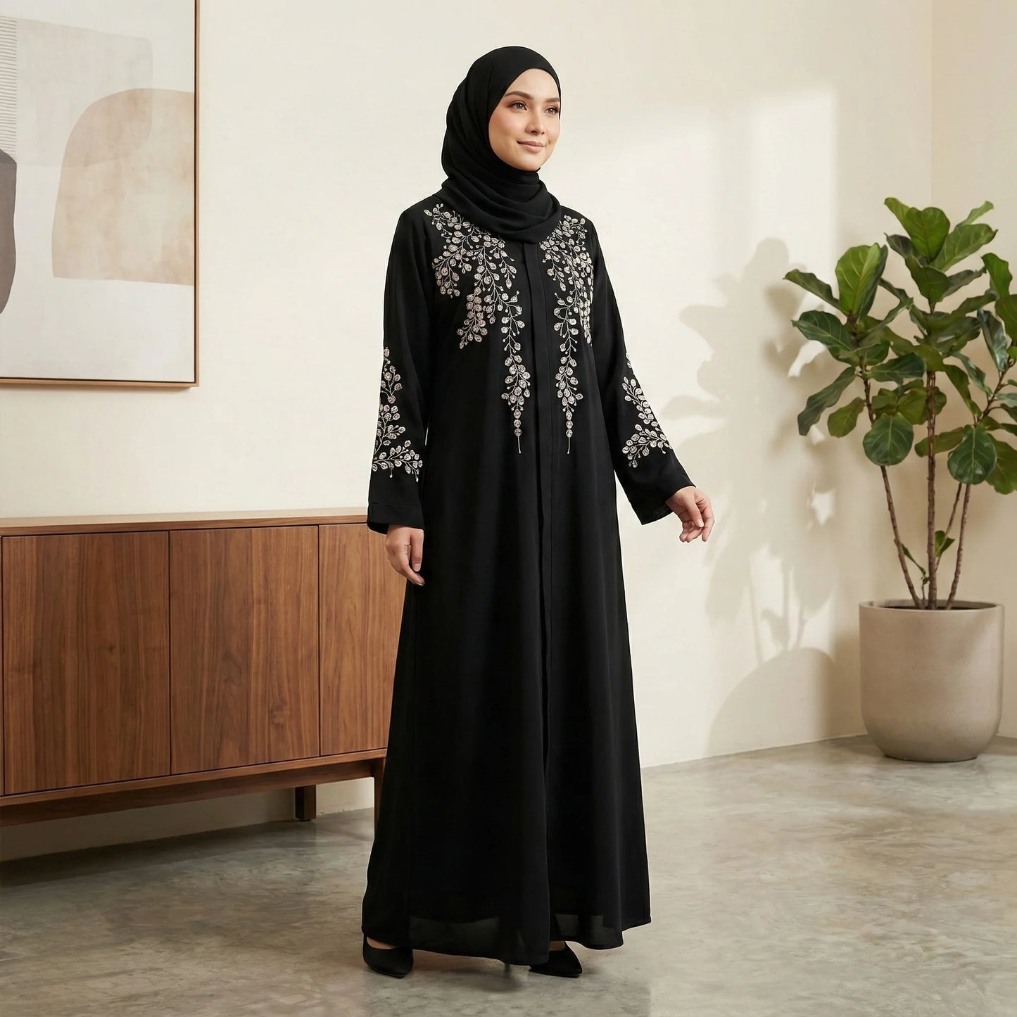 Imported Nida Balck Abaya with beige thread embroidery