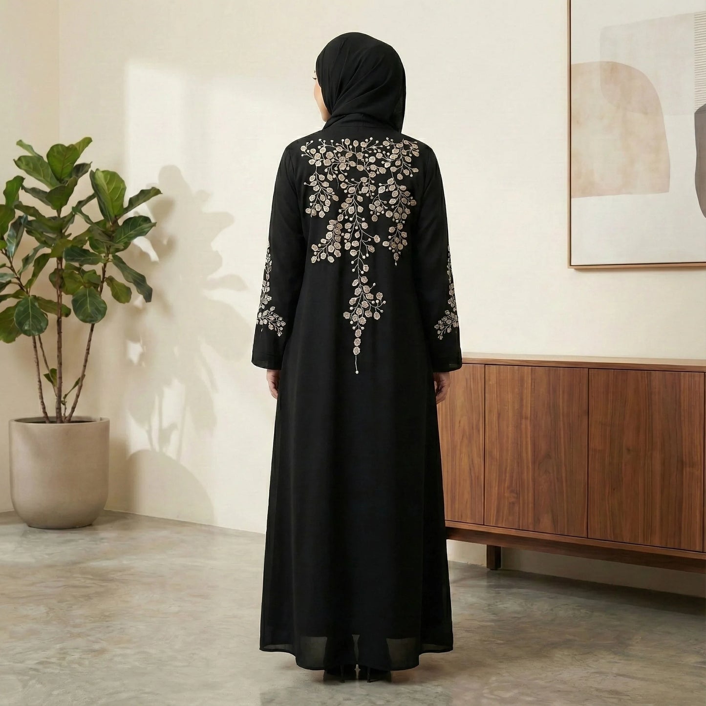 Imported Nida Balck Abaya with beige thread embroidery