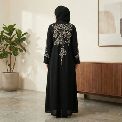 Imported Nida Balck Abaya with beige thread embroidery