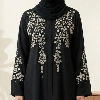 Imported Nida Balck Abaya with beige thread embroidery