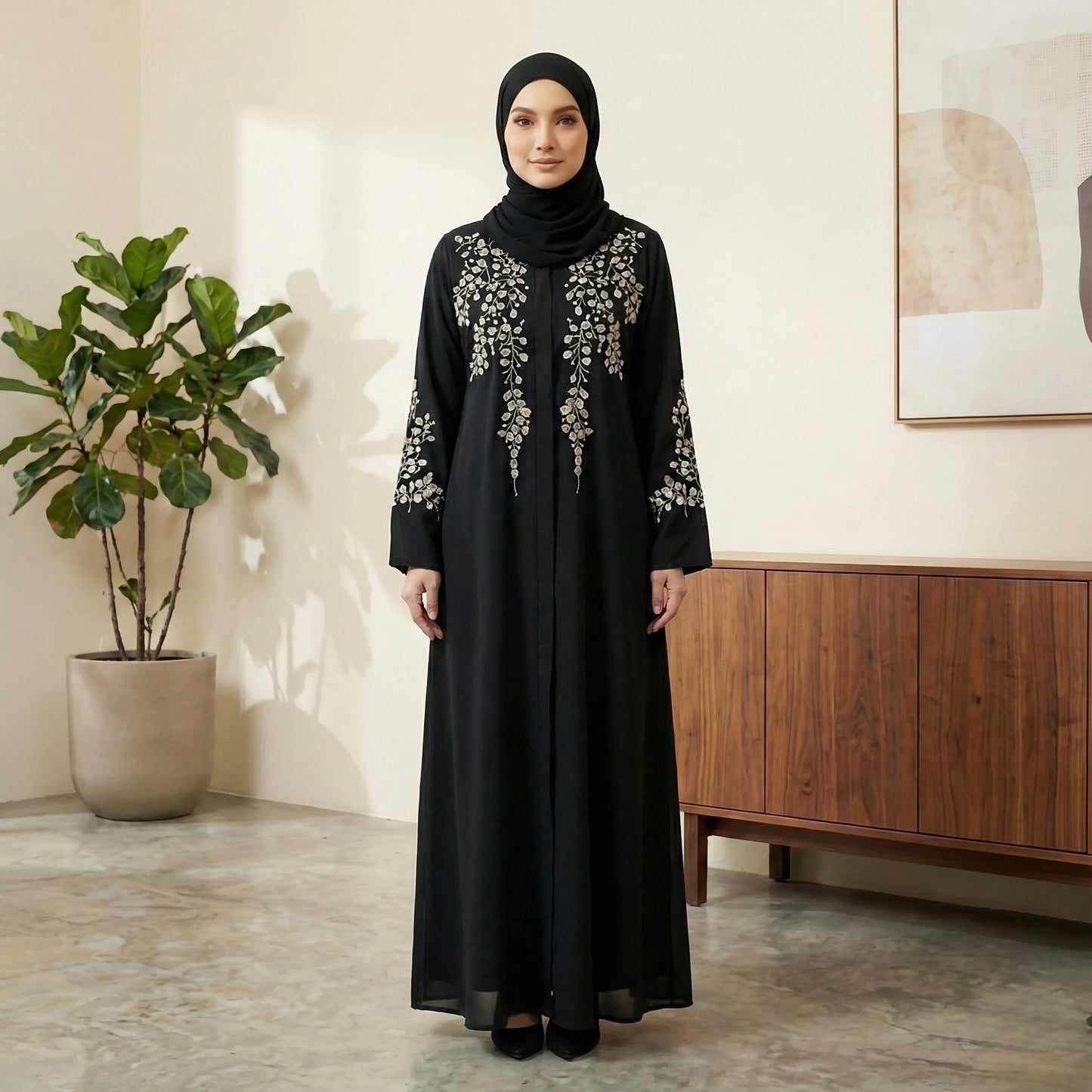 Imported Nida Balck Abaya with beige thread embroidery