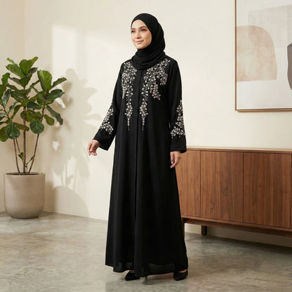 Imported Nida Balck Abaya with beige thread embroidery