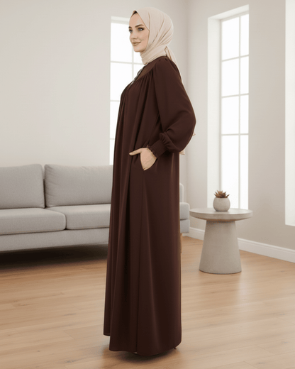 Chocolate Brown Abaya – Pleated Neck Design with Smoked Sleeves & Dual Pockets