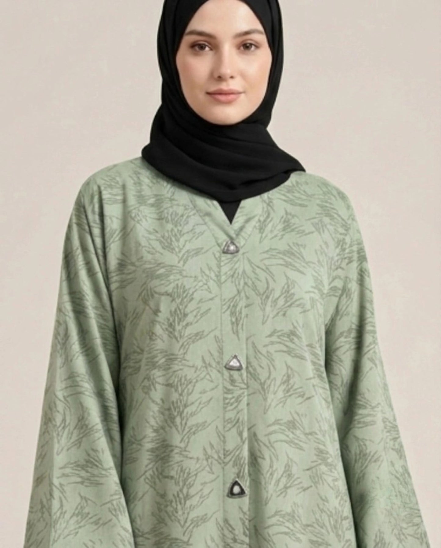 Imported Majestic Printed Green Abaya - Front Open