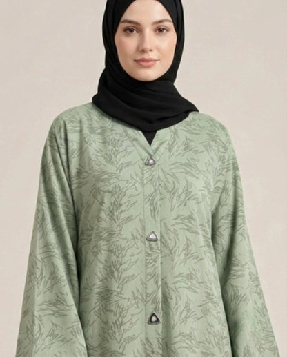 Imported Majestic Printed Green Abaya - Front Open