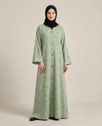 Imported Majestic Printed Green Abaya - Front Open