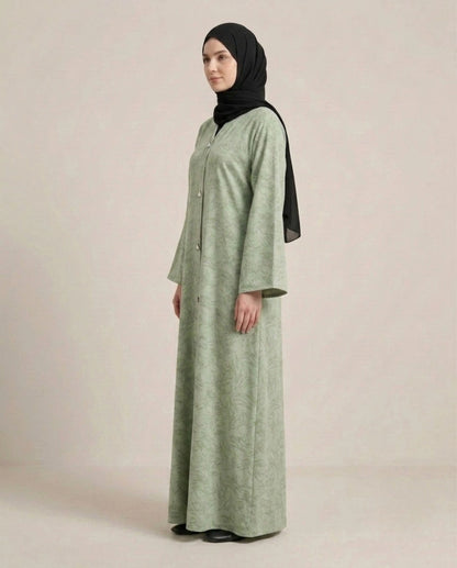 Imported Majestic Printed Green Abaya - Front Open