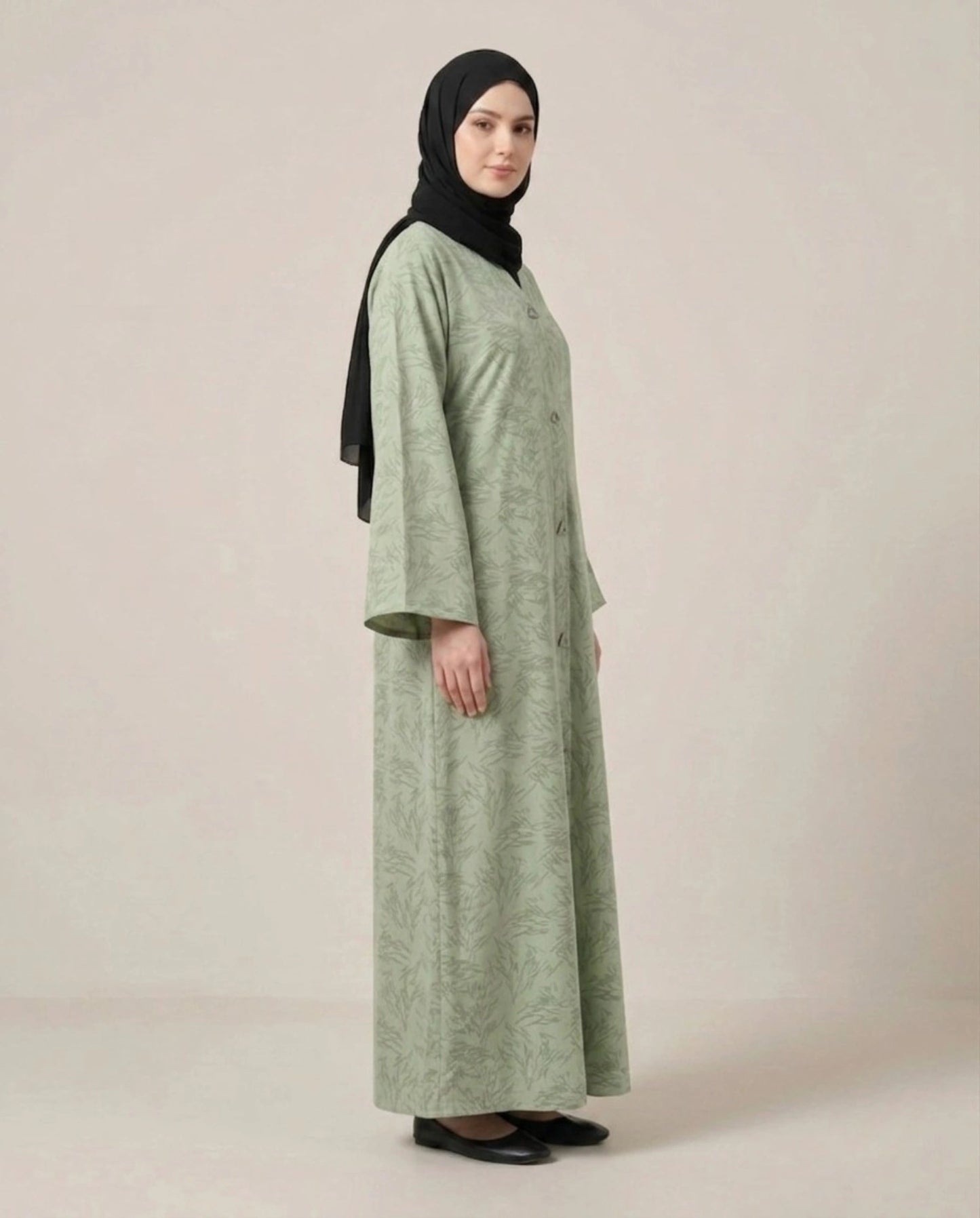 Imported Majestic Printed Green Abaya - Front Open