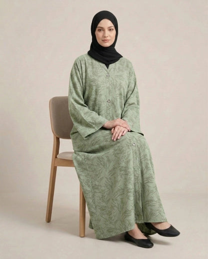 Imported Majestic Printed Green Abaya - Front Open
