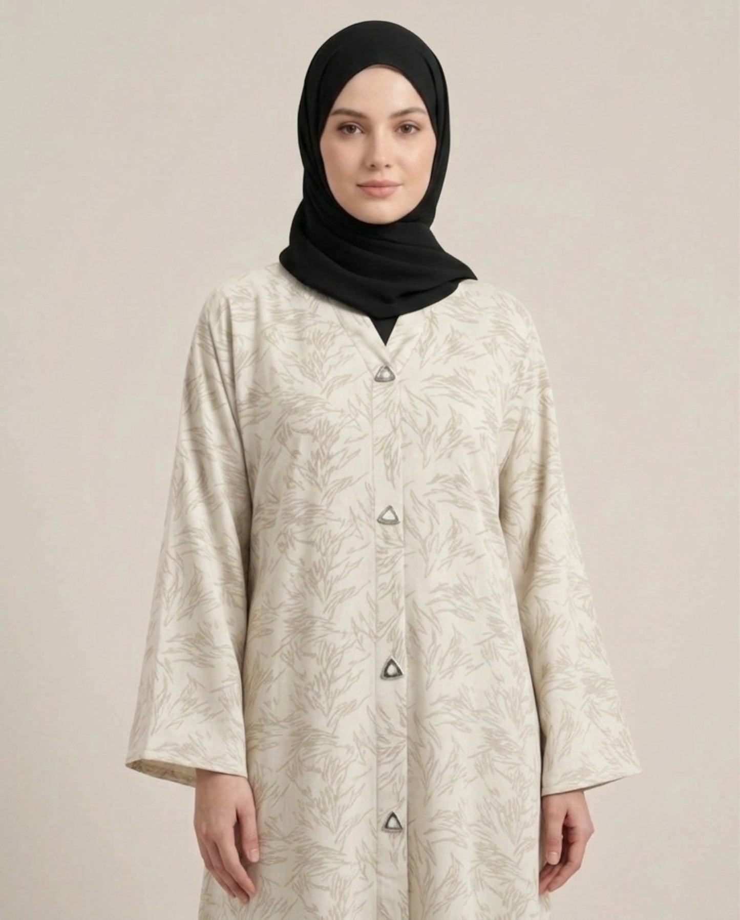 Imported Majestic Printed Off White  Abaya - Front Open