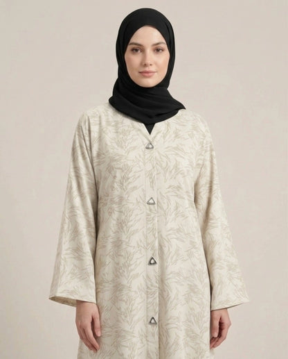 Imported Majestic Printed Off White  Abaya - Front Open