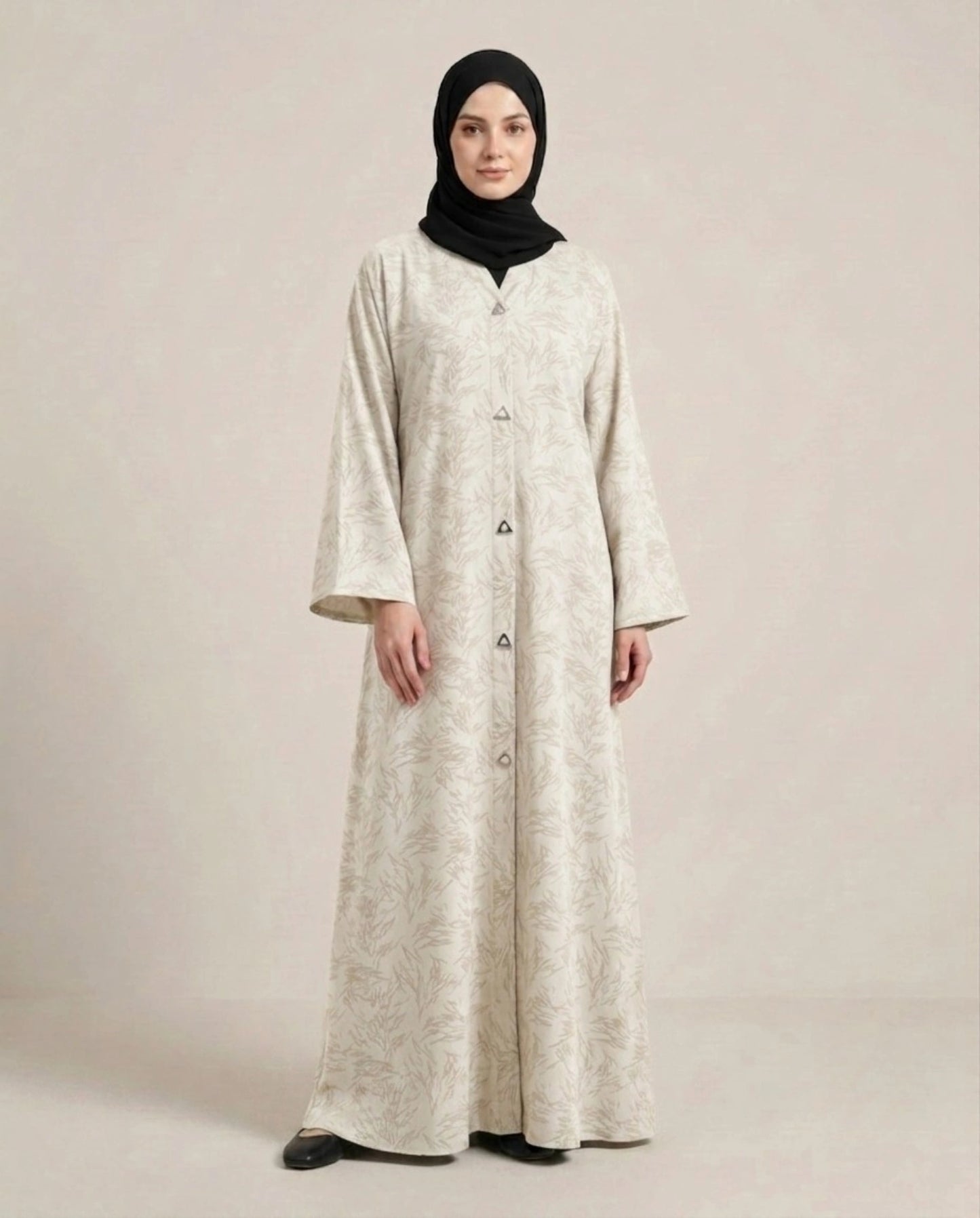 Imported Majestic Printed Off White  Abaya - Front Open
