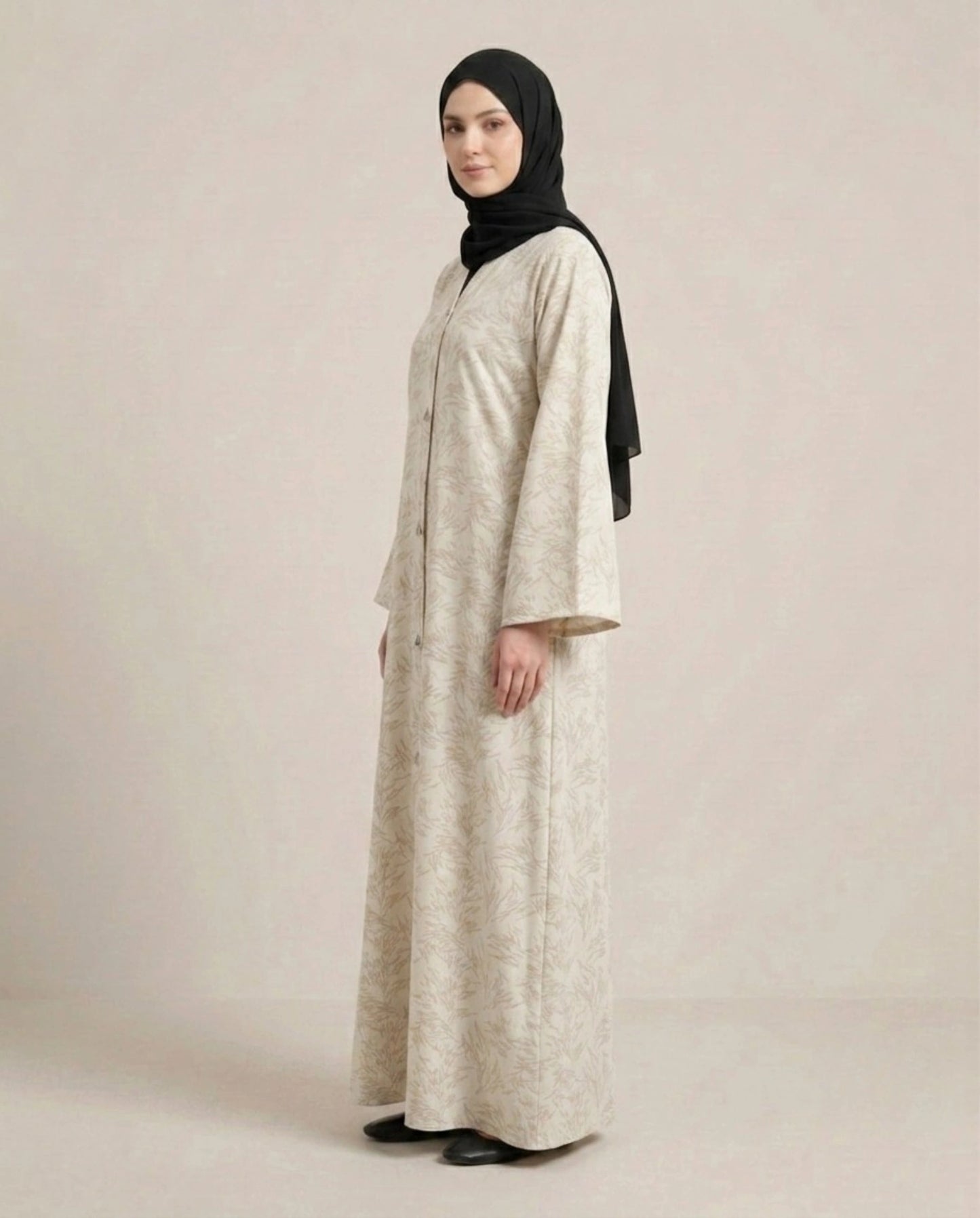 Imported Majestic Printed Off White  Abaya - Front Open
