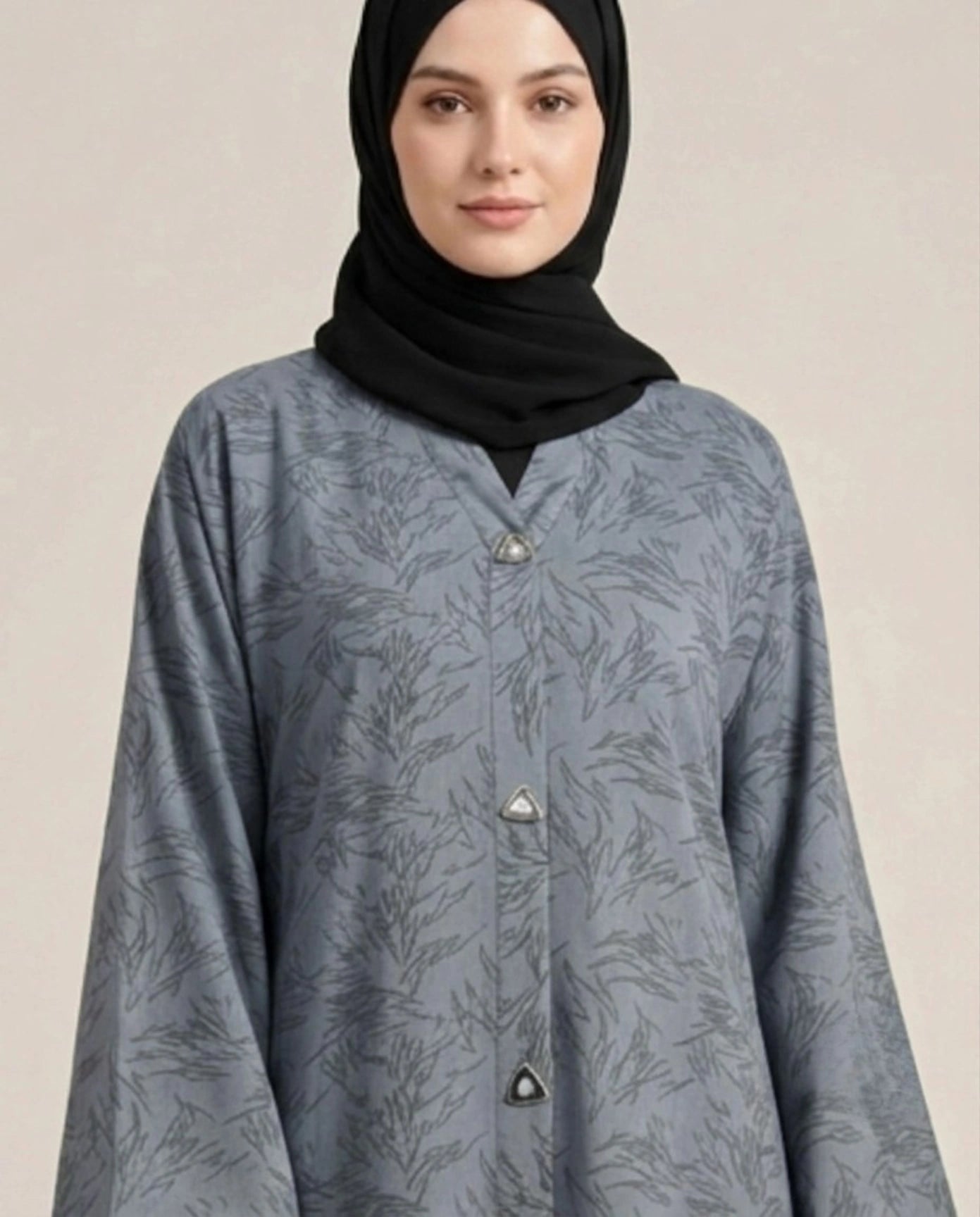 Imported Majestic Printed Light Grey Abaya - Front Open