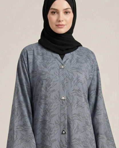 Imported Majestic Printed Light Grey Abaya - Front Open