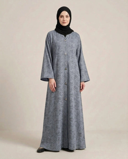 Imported Majestic Printed Light Grey Abaya - Front Open