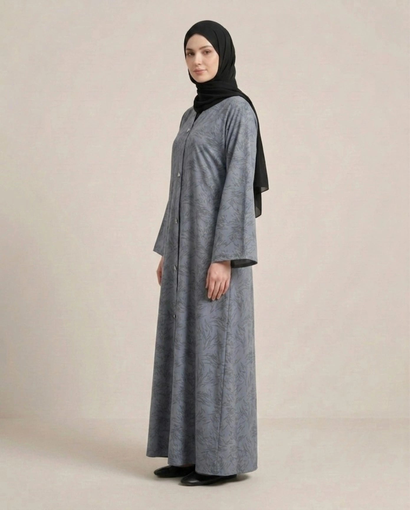 Imported Majestic Printed Light Grey Abaya - Front Open
